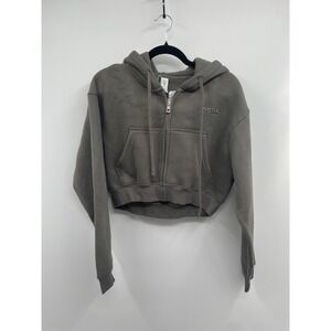 Matte Hoodie Womens XS Army Green Fleece Lined Drawstring Cropped Zip Up NWT